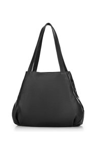 Borsa a tracolla in pelle nera con una texture liscia, ampietti manici e una forma spaziosa. Nessuna ferramenta o motivo visibile.