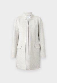 Ανοιχτό γκρι, μακρύ σακάκι χωρίς γιακά, με εμπρόσθιες τσέπες και λεία εσωτερική επένδυση· υφασμάτινη υφή με διακριτικό μοτίβο.