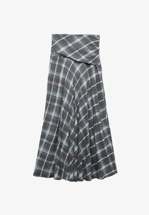 Faltenrock in Grau mit blauem Karomuster. Aus leichtem Stoff gefertigt und mit einem Überkreuz-Taillenbund für eine fließende Silhouette ausgestattet.
