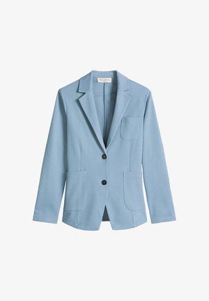 Hellblauer, maßgeschneiderter Blazer mit Kerbkragen, zwei schwarzen Knöpfen, drei aufgesetzten Fronttaschen und langen Ärmeln.
