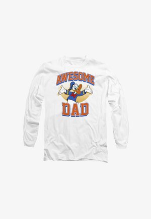 Weißes Langarm-T-Shirt mit einem Grafikdesign eines Cartoon-Entens mit blauen und roten Akzenten. Der Text lautet "TOLLER VATER" in kräftigen Farben.