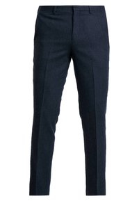 Pánské tmavě modré kalhoty na míru s předním skladem, poutky na opasek a skrytým předním zapínáním.