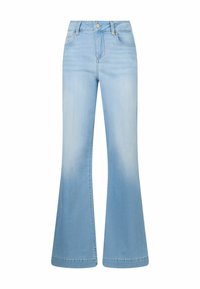 Jeans svasati di colore azzurro chiaro realizzati in denim, con vita alta, texture leggermente sbiadita e ampia apertura della gamba all'orlo.