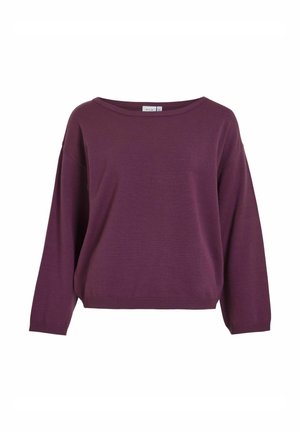 Lila pulóver, széles hajónyakkivágással, hosszú ujjal, laza fazonnal, bordázott aljjal és puha kötött textúrával.