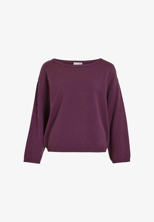 Lila pulóver, széles hajónyakkivágással, hosszú ujjal, laza fazonnal, bordázott aljjal és puha kötött textúrával.