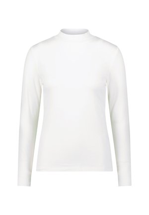 Top bianco a maniche lunghe in tessuto liscio con collo alto e taglio aderente. Nessun motivo o dettaglio visibile. Stile minimalista.