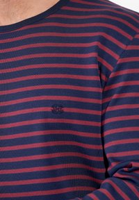 Marineblauw en bordeauxgestreepte langemouwen shirt, met een ronde hals en een klein geborduurd logo op de borst. Katoenen materiaal, zachte textuur.