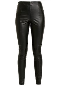 Svarta leggings i konstläder med hög midja, tajt passform, slät yta och subtila sömdetaljer.