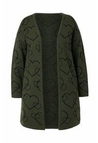 Olivgrüner gestrickter Cardigan mit V-Ausschnitt, offener Vorderseite und schwarzen Herzmustern. Weicher Stoff, lange Ärmel und lockere Passform.