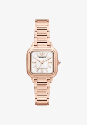 Roségoldfarbene Metalluhr mit quadratischem Gehäuse, weißem Perlmuttzifferblatt, römischen Ziffern und Gliederarmband. Emporio Armani Logo sichtbar.