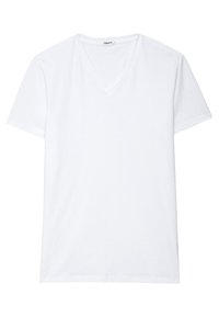 Hvid bomulds T-shirt med V-hals, korte ærmer og en afslappet pasform. Ingen mønstre eller hardware, men med en enkel, glat tekstur.