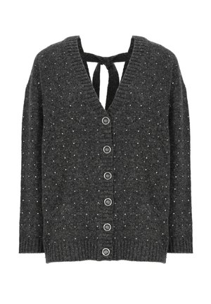 Cardigan lavorato a maglia di colore grigio carbone con scollatura a V, chiusura con bottoni e piccole macchie bianche. Schiena aperta con dettaglio legato, polsini e orlo a costine.