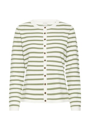 Zaļš un balts svītrains kardigans ar gariem piedurknēm, apaļu kaklu un pogu priekšpusi. Izgatavots no mīksta adījuma materiāla. Priekšpusē ir brūnas pogas.