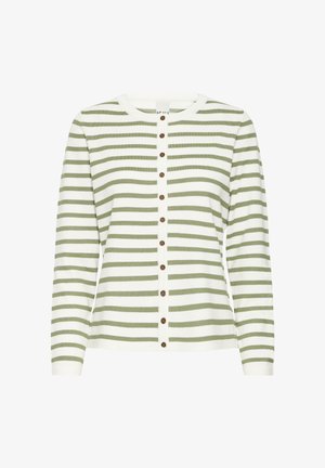 Zaļš un balts svītrains kardigans ar gariem piedurknēm, apaļu kaklu un pogu priekšpusi. Izgatavots no mīksta adījuma materiāla. Priekšpusē ir brūnas pogas.