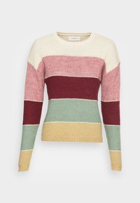 Sweter dziewiarski z poziomymi paskami w kolorze kremowym, różowym, burgundowym, zielonym i żółtym. Okrągły dekolt oraz ściągacze przy mankietach i dolnym brzegu.