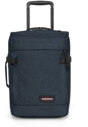 Dark blue wheeled backpack with a structured shape, adjustable handle, and front pocket. Made of textured fabric with a branded patch.