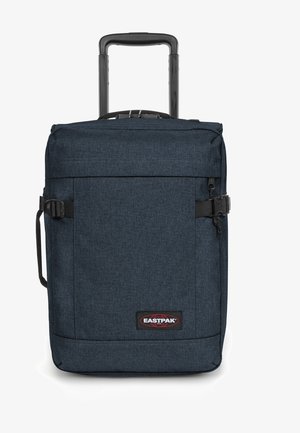Zaino a rotelle blu scuro con una forma strutturata, manico regolabile e tasca frontale. Realizzato in tessuto texturizzato con una patch del marchio.