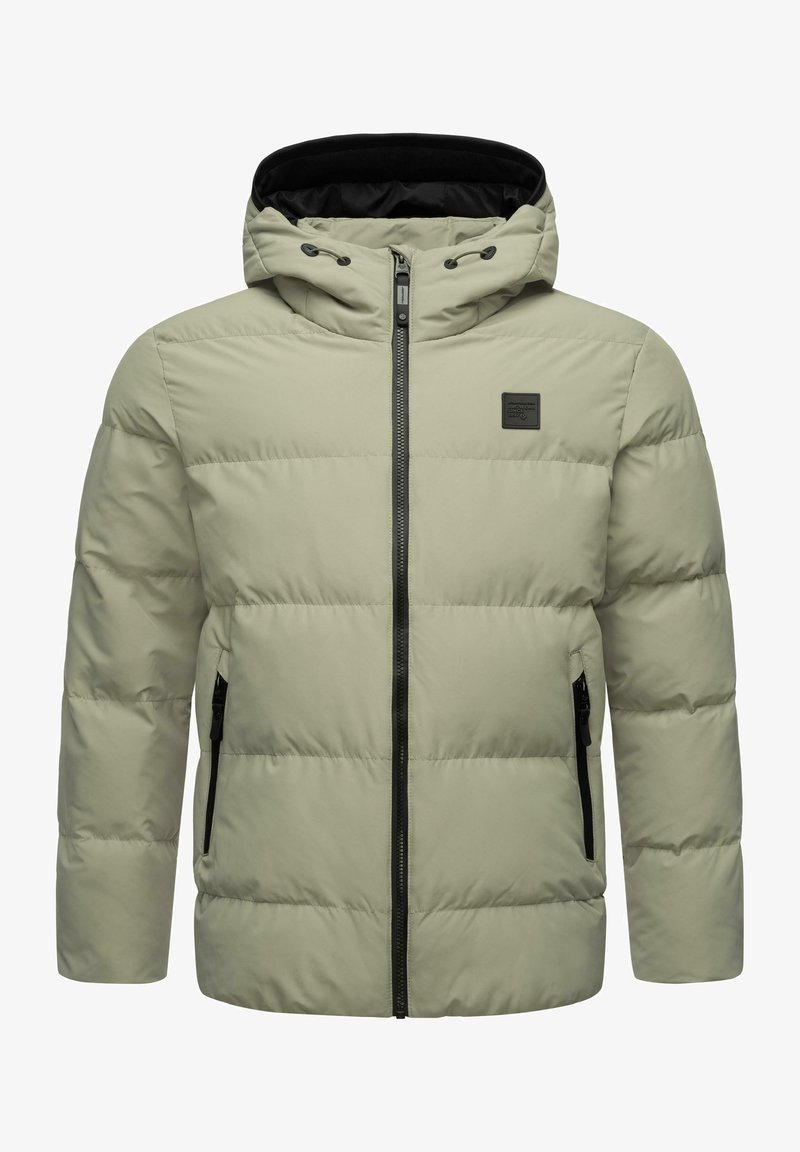 Pufinė striukė šviesiai smėlio spalvos medžiagoje su juodu pamušalu, su užtrauktuku priekyje, kapučinu ir dviem šoninėmis užtrauktukinėmis kišenėmis.