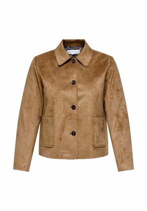 Chaqueta de ante marrón con cuello tipo solapa, seis botones delanteros y dos bolsillos frontales. Textura suave con un ajuste estructurado.