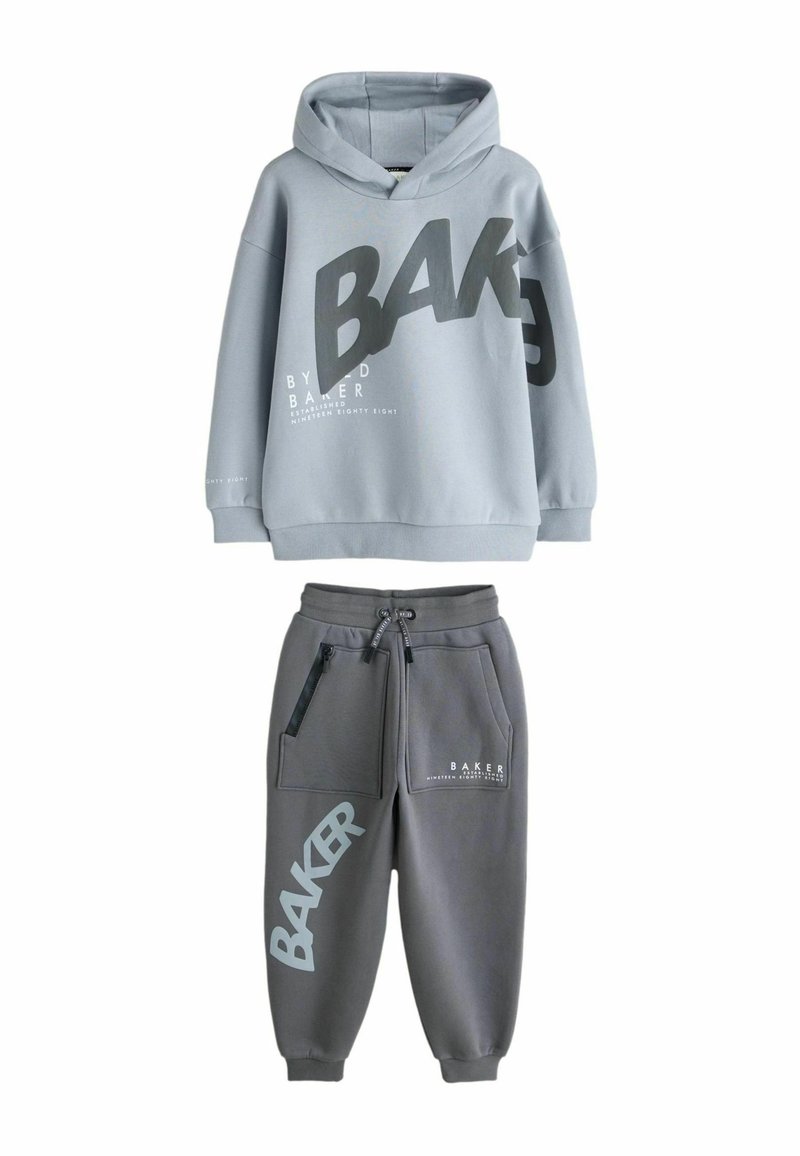 Gray hoodie with large black "BAKER" text, long sleeves, kangaroo pocket. Matching gray sweatpants with black accents and logo details.