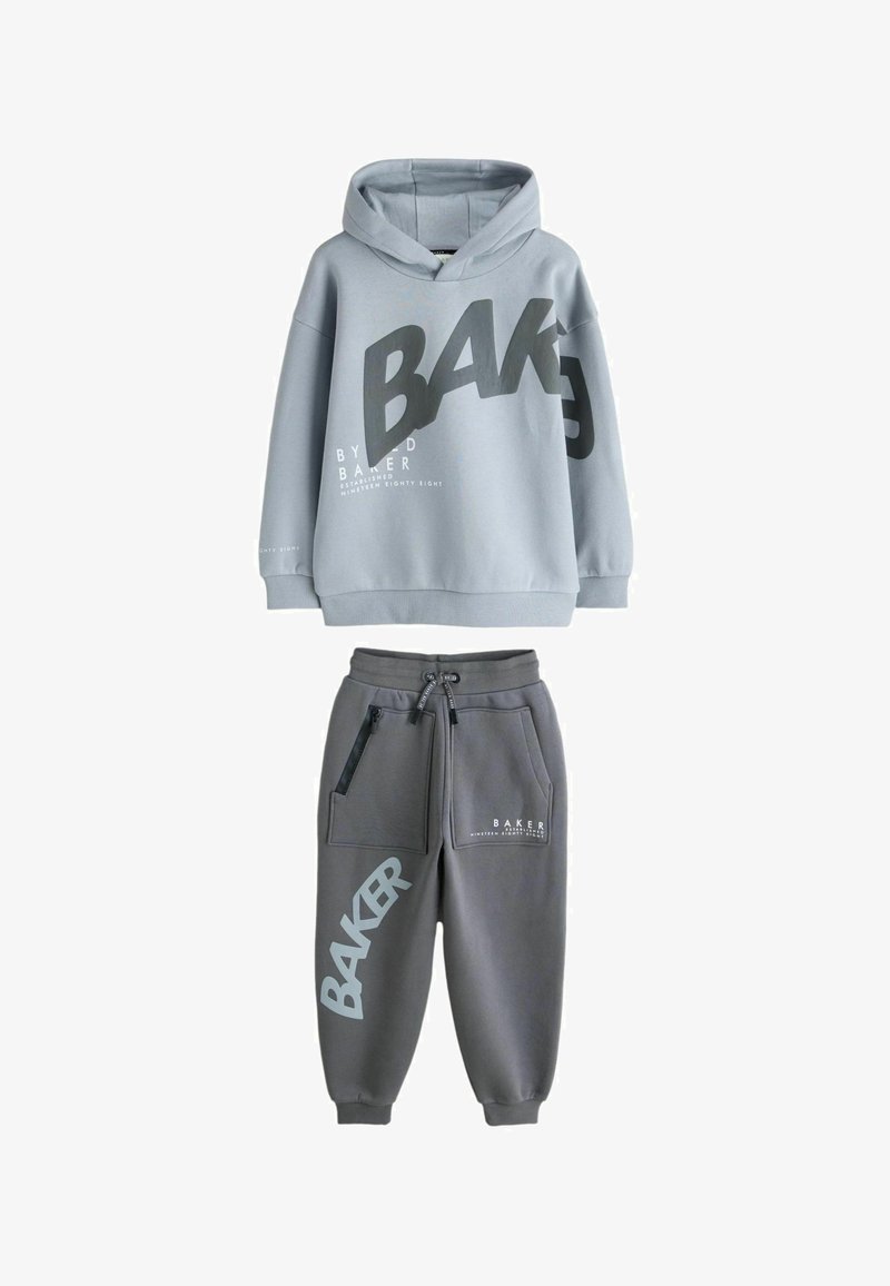 Gray hoodie with large black "BAKER" text, long sleeves, kangaroo pocket. Matching gray sweatpants with black accents and logo details.