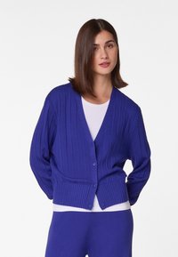 Blaues geripptes Strickjacke mit V-Ausschnitt, langen Ärmeln und Knopfverschluss. Hergestellt aus einem weichen Material mit einer strukturierten Oberfläche.