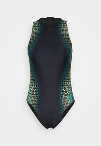 One-piece swimsuit in black with green and cyan wave-pattern accents. High neckline and tight fit, made from stretchy swim fabric.
