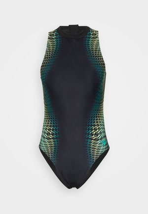 Maillot de bain une pièce noir avec des accents de motifs en vagues vertes et cyan. Col haut et coupe ajustée, fabriqué en tissu de bain extensible.