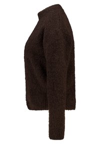 Brauner, samtiger Strickpullover mit hohem Kragen, langen Ärmeln und kastiger Form. Die Textur wirkt weich und warm, ideal für kühlere Wetterverhältnisse.