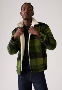 Chaqueta de franela a cuadros verdes y negros con forro de sherpa beige, con cierre de presión y mangas largas, llevada por un modelo.