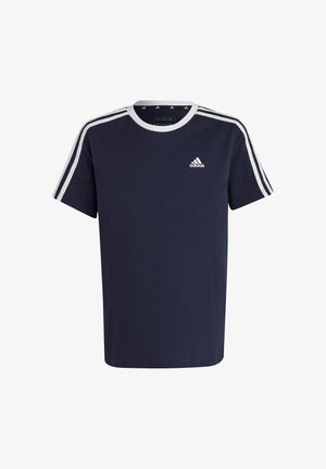 Mørkeblå Adidas T-shirt med hvid ribkant ved halsen, hvide tre striber på ærmerne og Adidas-logo på venstre bryst.