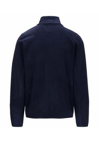 Giacca in pile blu navy con colletto alto, maniche lunghe e una superficie liscia, priva di hardware visibile o dettagli a motivo.