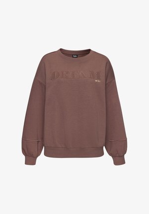 Brauner Sweatshirt aus weichem Stoff. Mit dem aufgenähten Schriftzug "DREAM" auf der Vorderseite, der einen leichten Glanz hat. Enthält gerippte Bündchen und Saum.