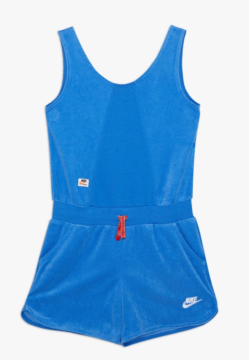 Blue cotton blend romper with a scoop neckline, elastic waistband, front pockets, and red drawstring. Features Nike logo on lower front.