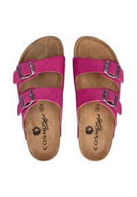 Sandali in suede fucsia con due fibbie argentate regolabili, soletta imbottita marrone e suola piatta. Logo del brand stampato sulla soletta.