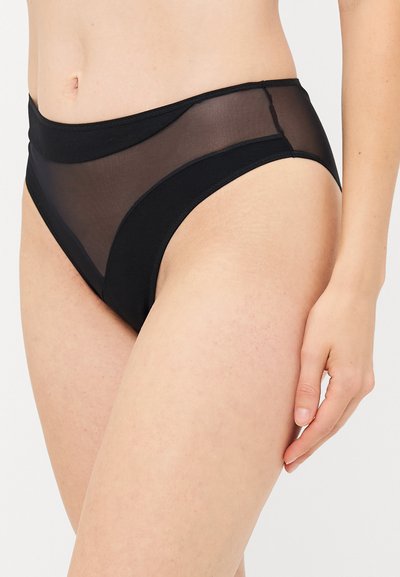 Zwarte high-waisted bikinionderkant met doorzichtige panelen, gladde textuur en brede elastische tailleband, ontworpen voor comfort en stijl.