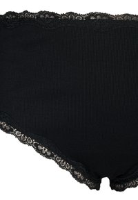 Black ribbed high-waisted underwear featuring a scalloped lace trim along the waistband for added detail. Soft texture and fitted shape.