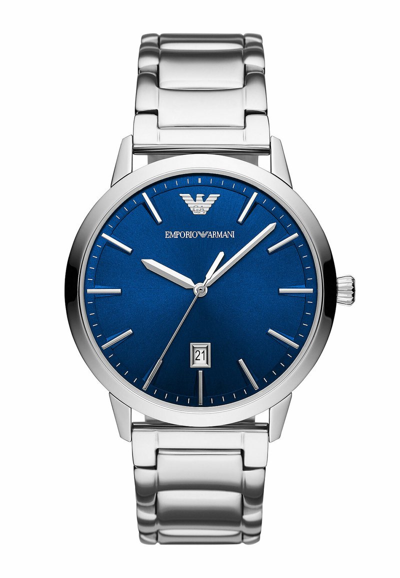 Silberne Edelstahl-Uhr mit einem runden blauen Zifferblatt, silbernen Stundenmarkierungen, Datumsanzeige bei 6 und einem gliederten Metallarmband.