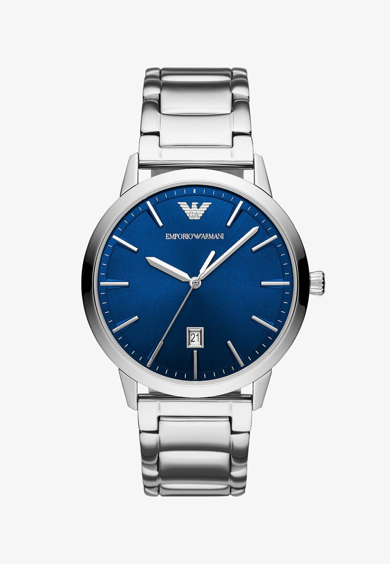 Silberne Edelstahl-Uhr mit einem runden blauen Zifferblatt, silbernen Stundenmarkierungen, Datumsanzeige bei 6 und einem gliederten Metallarmband.