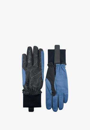 Gants noirs texturés avec des accents bleus, présentant un motif en contours sur la paume et un poignet noir ajusté pour la chaleur et l'adhérence.