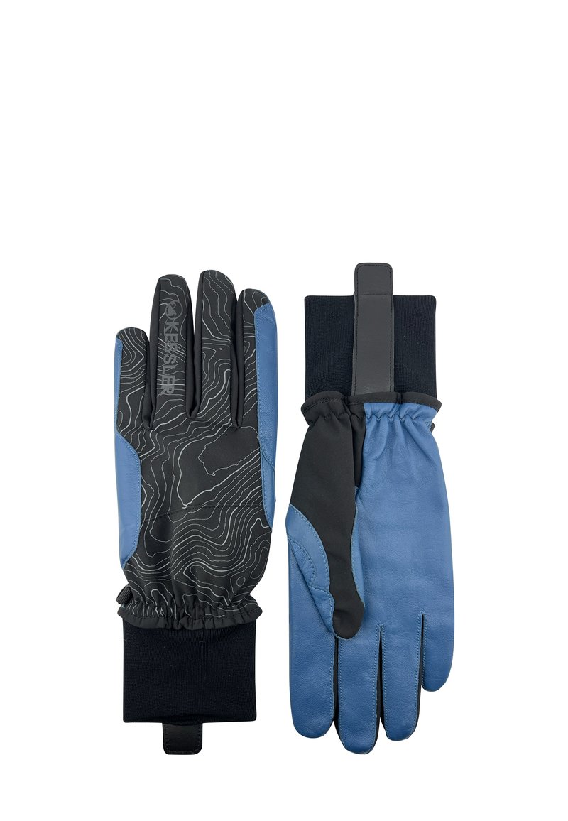 Guanti neri testurizzati con accenti blu, dotati di un motivo contornato sul palmo e un polsino nero aderente per calore e presa.