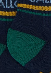 Calzini blu navy con strisce verdi e gialle. Presentano un motivo di lavorazione a maglia testurizzato e aree rinforzate sulla punta e sul tallone. Logo visibile.