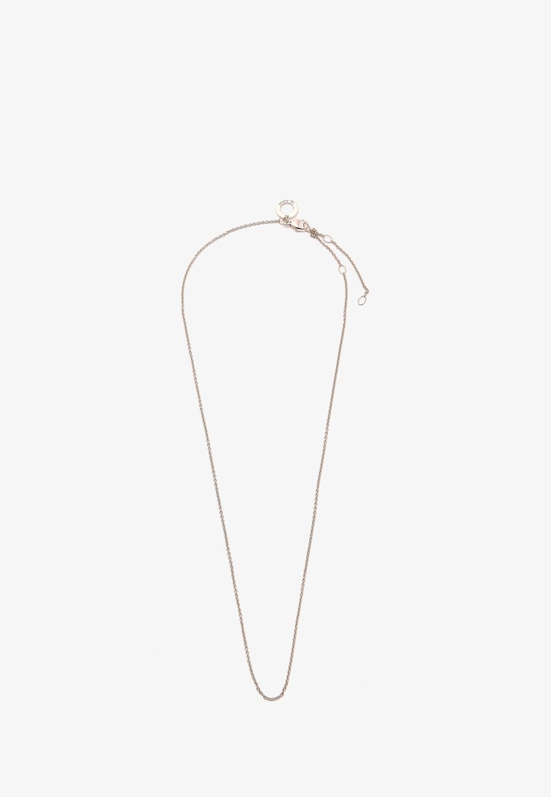 Collier chaîne fine en argent avec de petits maillons ovales et une plaque ronde sur le fermoir, fond blanc.