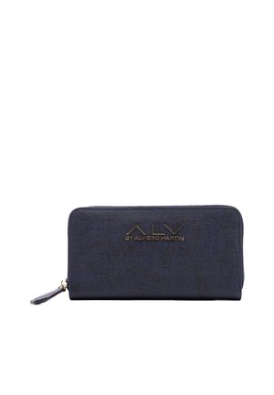 Portafoglio zip-around blu navy realizzato in materiale testurizzato, con dettagli del logo dorato e un design caratterizzato da motivi. Forma compatta e rettangolare.