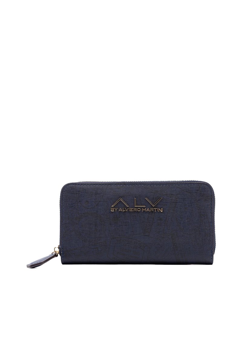 Portafoglio zip-around blu navy realizzato in materiale testurizzato, con dettagli del logo dorato e un design caratterizzato da motivi. Forma compatta e rettangolare.