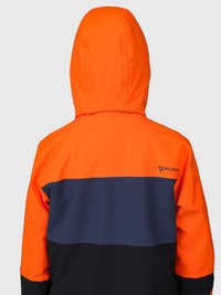 Giacca arancione con cappuccio, dotata di pannelli orizzontali blu navy e neri, vista posteriore, che mostra il logo "Brunotti" sul lato superiore destro.