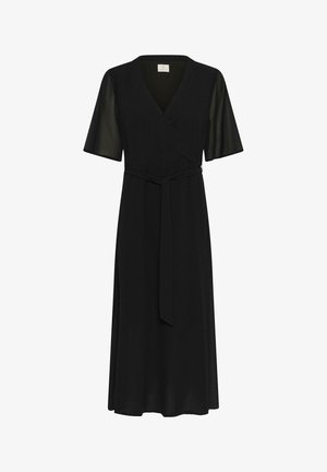 Schwarzes Wickelkleid mit kurzen halbtransparenten Ärmeln, V-Ausschnitt, Bindegürtel und fließendem Rock, aus leichtem Stoff gefertigt.