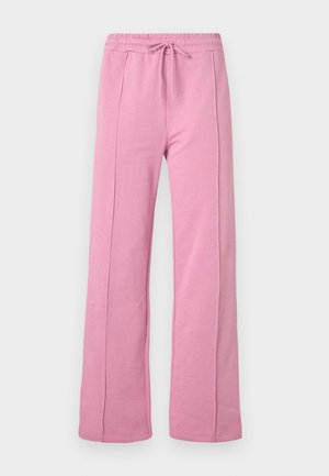 Rosa vidbuksete joggebukser med fremre sømmer, elastisk midjebånd og snorstramming, vist på en enkel hvit bakgrunn.