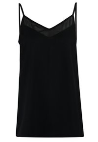 Haut caraco noir sans manches avec fines bretelles et un panneau transparent en forme de V le long de l'encolure.