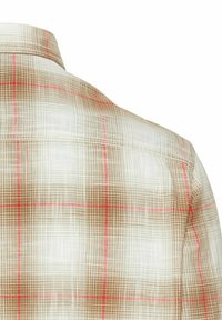 Korte mouwen geruite blouse. Beschikt over een beige en bruine patroon met rode accentlijnen, lichtgewicht stof en een standaard kraagontwerp.